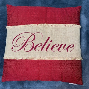 Christmas accent pillow dark red and‎ burlap Believe